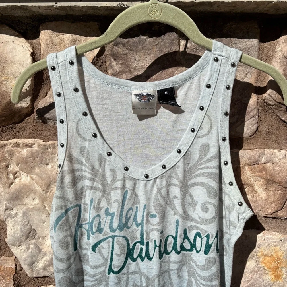 Harley Davidson Women’s Tank Top Studded Size Medium Light Blue Y2K - Picture 2 of 6
